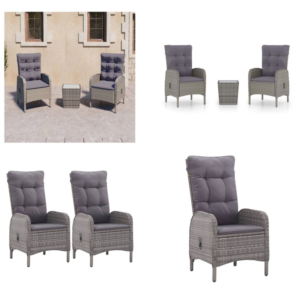 vidaXL 3 tlg. Bistro Set Poly Rattan und Glas Grau - Bistro-Set - Bistro-Sets - Bistroset - Bistrosets