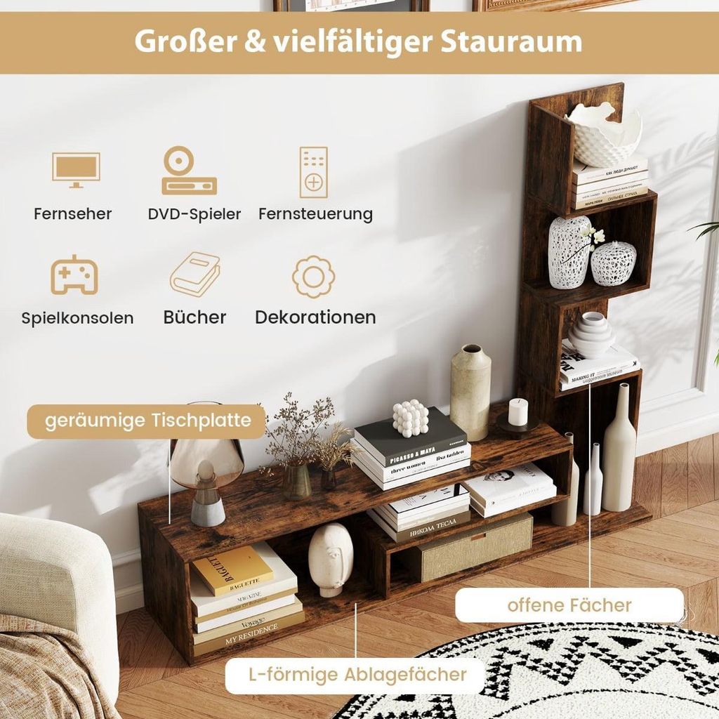 TV-Ständer mit Bücherregal, passend für Fernseher bis zu 50 Zoll, Braun