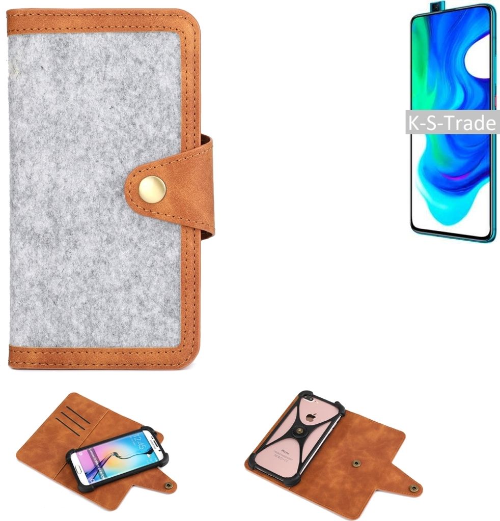 K-S-Trade Handyhülle kompatibel mit Xiaomi Poco F2 Pro Schutzhülle Filz-Hülle Kunst-Leder hellgrau braun (1x)