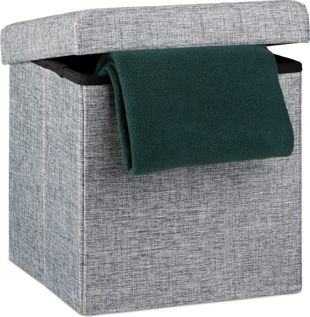 Pouf Contenitore Lino Relaxdays: Sgabello Design Moderno Grigio 40L