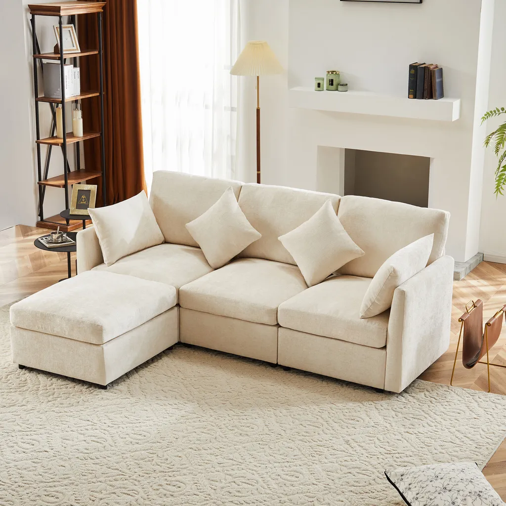 Canapé d'angle 4 places avec repose-pieds amovible en chenille beige