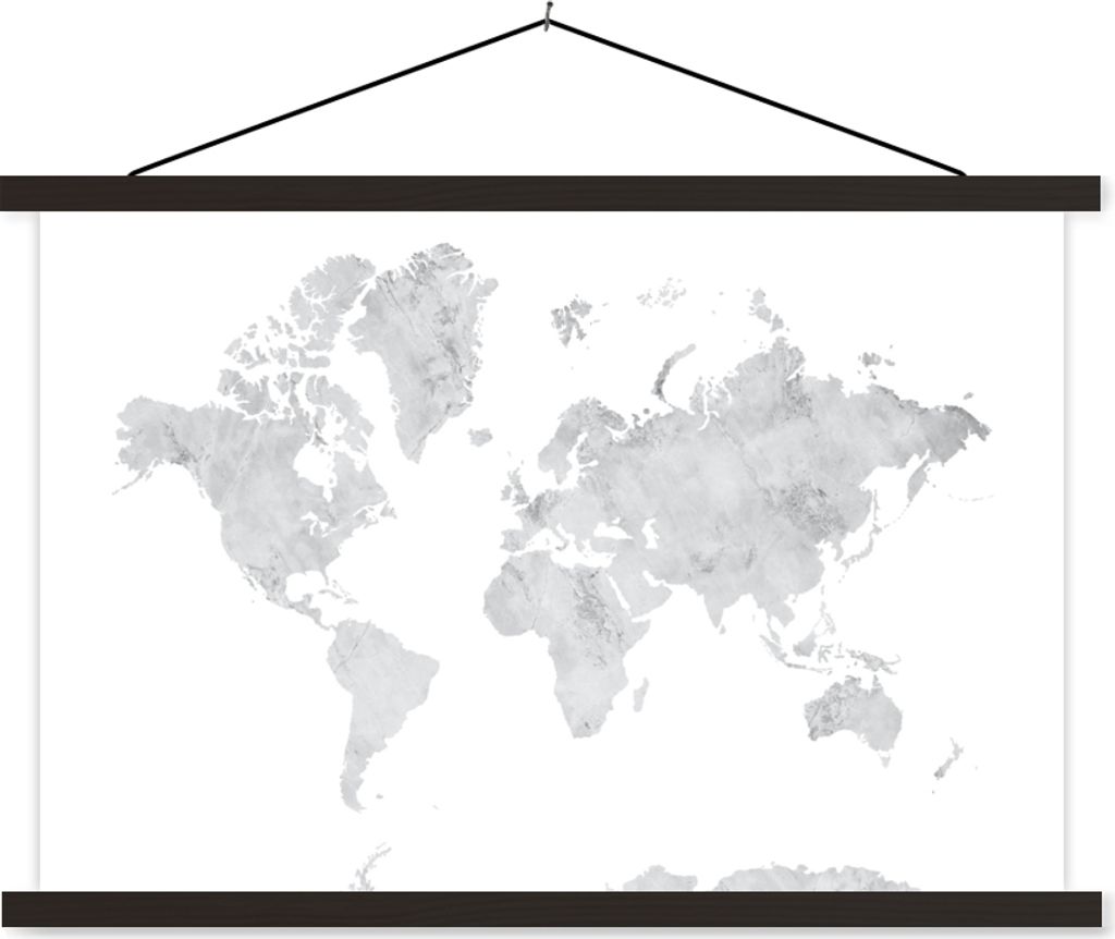MuchoWow Textilposter Weltkarte - Grau - Marmor 90x60 cm mit schwarzem Rahmen - Aufhängungssatz