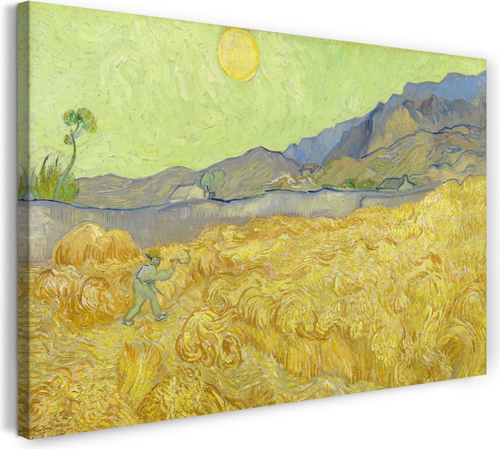 Leinwandbild (120x80cm): Vincent van Gogh - Weizenfeld mit Mäher, echter Holz-Keilrahmen inkl. Aufhänger, handgefertigt in Deutschland
