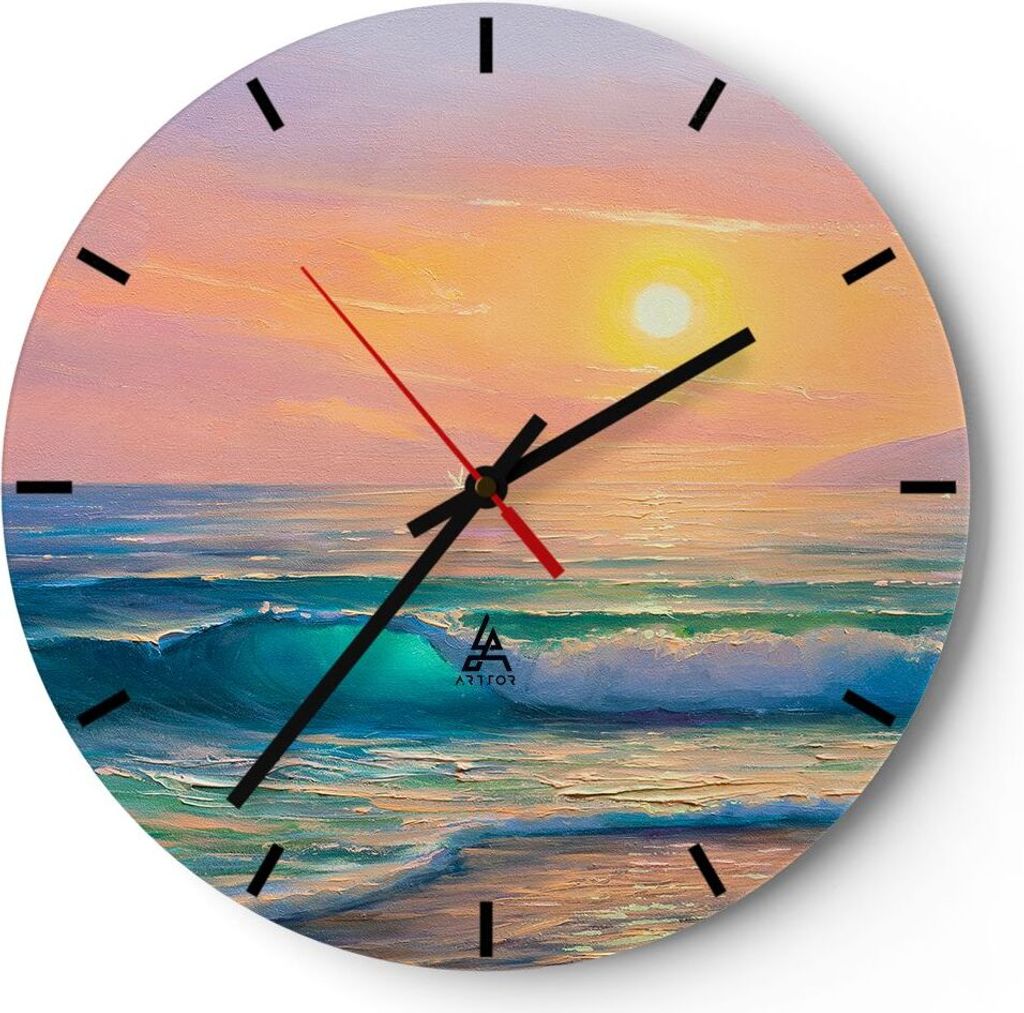 Wanduhr - Rund - Glasuhr - Meer Welle Ufer - 40x40cm - Schleichendes Uhrwerk - Lautlos - zum Aufhängen bereit - Dekoration Modern - Wanddekoration...