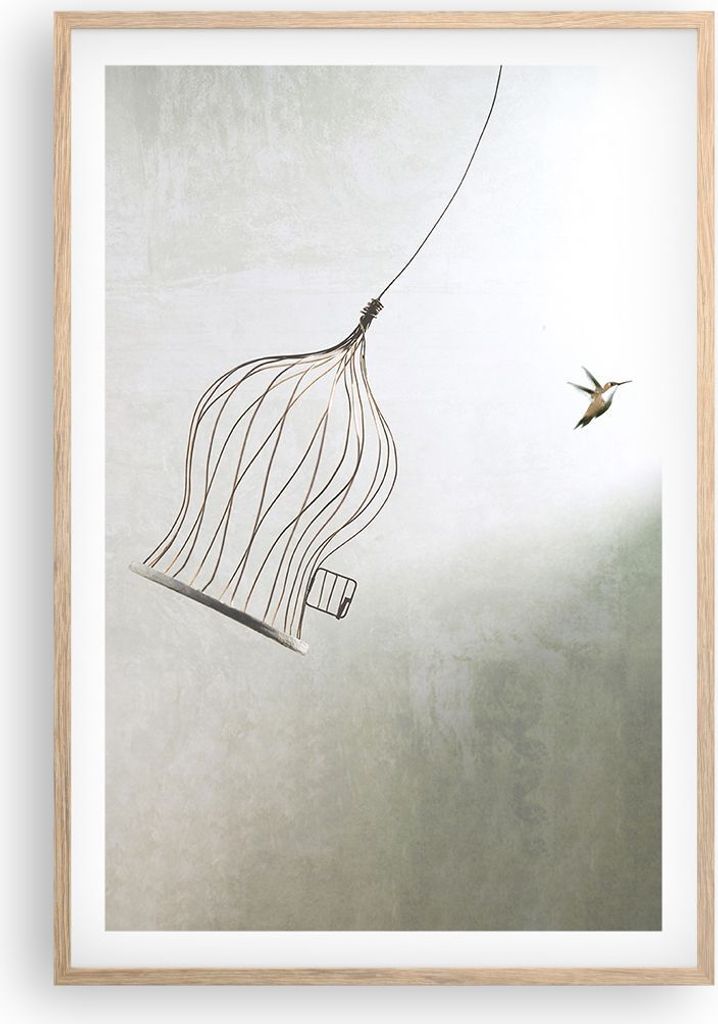 Gerahmtes Poster - Rahmen in heller Eiche - Flug Vogel Käfig - 61x91,5 cm - Wand Bild - Wanddeko - Wandbilder - Kunstposter - Wandposter - Bilderr...