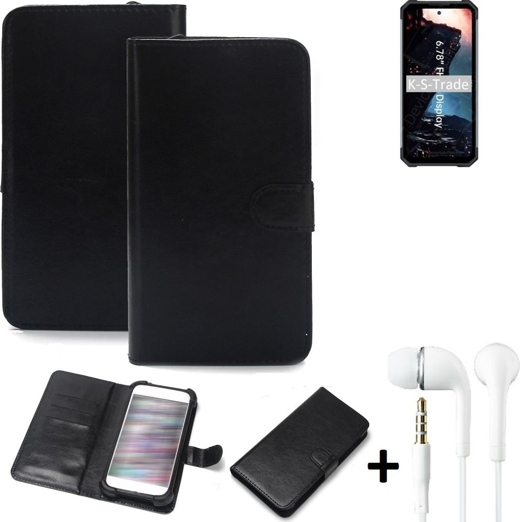 K-S-Trade Wallet Case Handyhülle kompatibel mit Oukitel WP17 Schutzhülle Flip cover Flipstyle Tasche Hülle Flipcover Slim Bumper schwarz + in ear