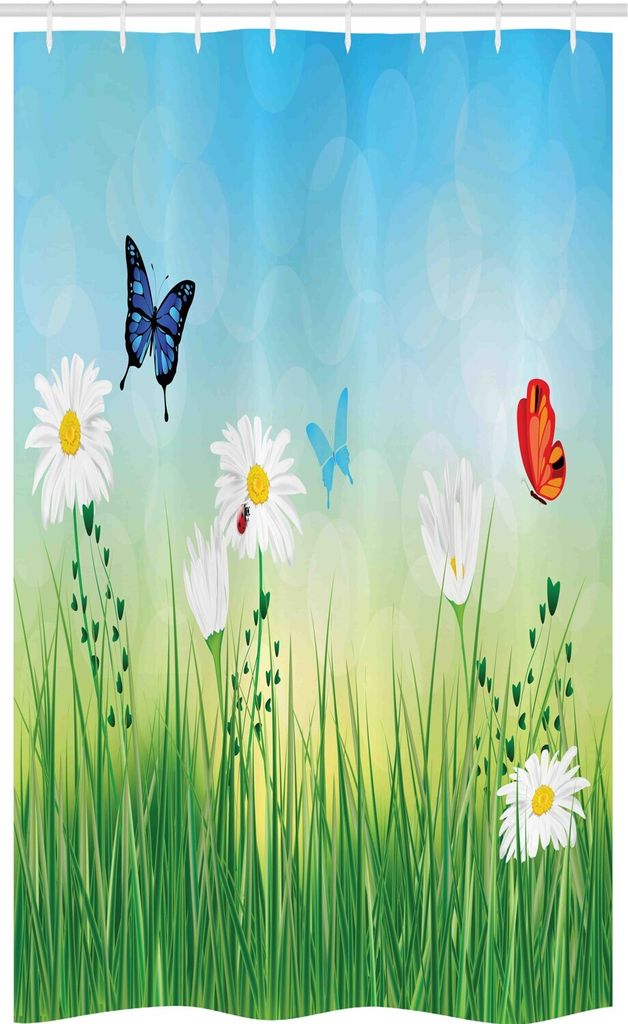 ABAKUHAUS Sommer Schmaler Duschvorhang, Wiese Gänseblümchen Gras, Badezimmer Deko Set aus Stoff mit Haken, 120 x 180 cm, Mehrfarbig