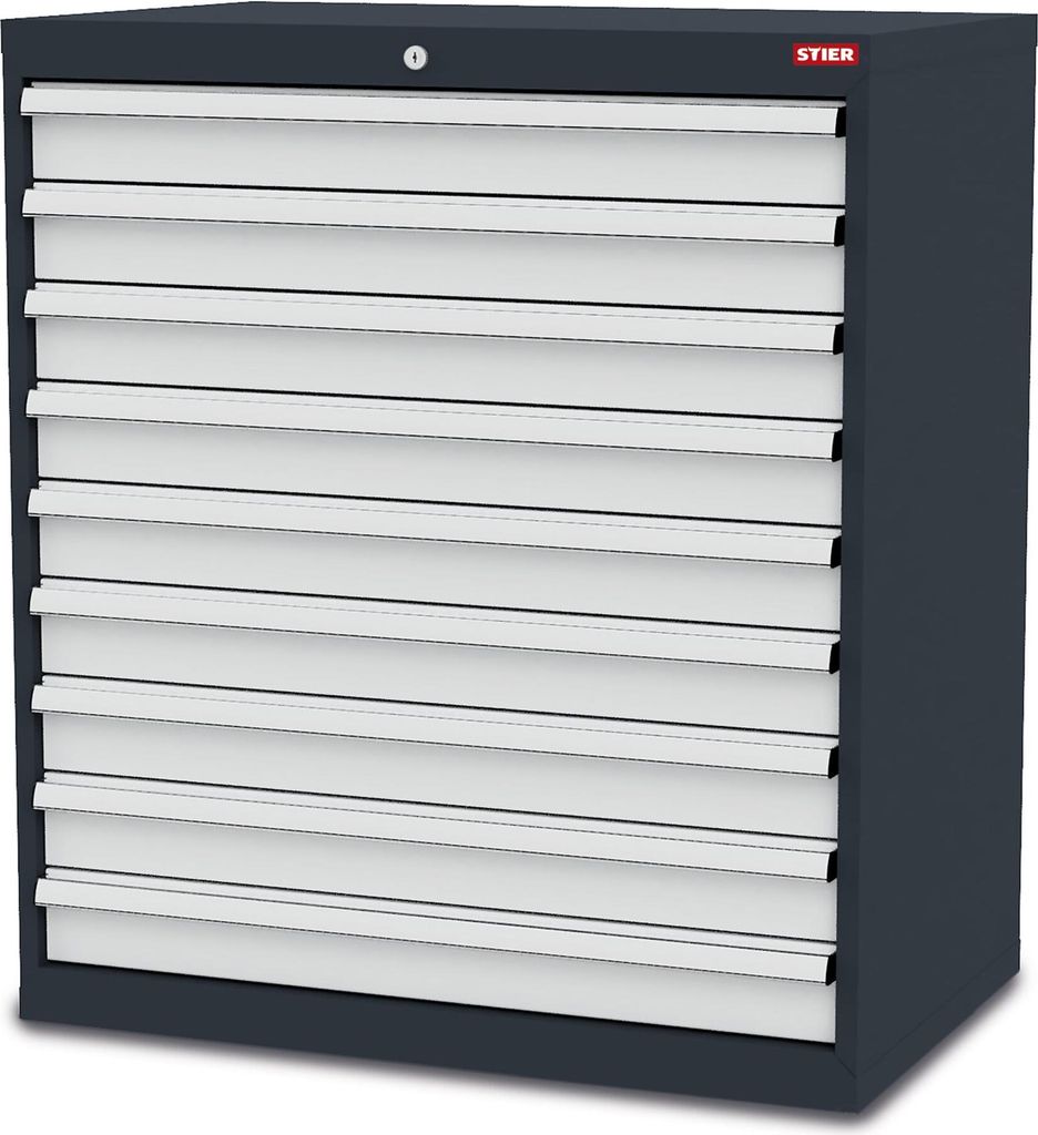 STIER Schubladenschrank mit 9 Schubladen BxTxH 900x575x1020 mm RAL 7016 / RAL 7035