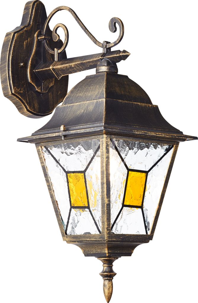 A classic outdoor wall lamp with a black and gold finish and stained glass panels.