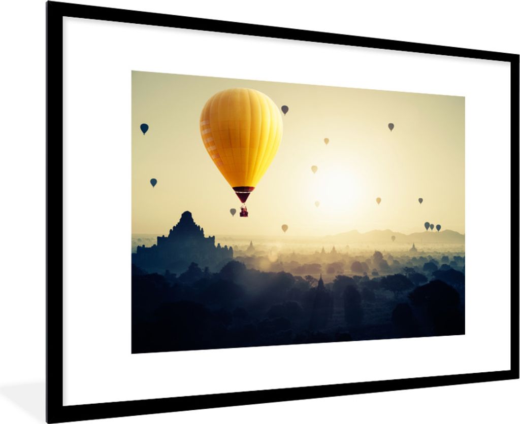 MuchoWow Gerahmtes Poster Heißluftballon - Nebel - Myanmar 90x60 cm - Poster mit Schwarzem Bilderrahmen Wandposter Rahmen Foto Bilder - Wanddeko...