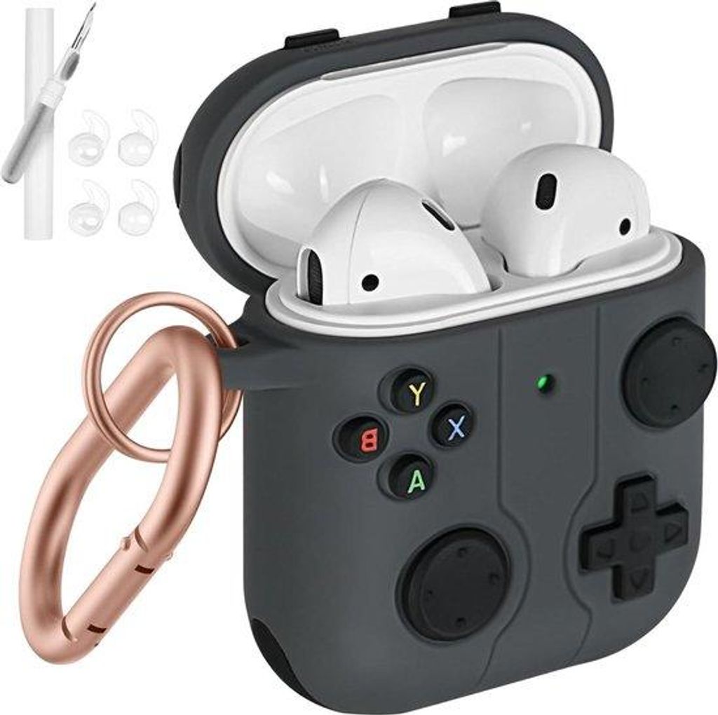 Silikon-Headset-Hülle - für AirPods 2 & 1 - inkl. Reinigungspfeil und Kabelbinder - schlagabsorbierend - Karabiner-Fixierung