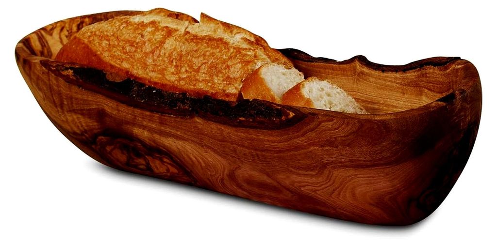 Schmale Baguetteschale aus Olivenholz, Brotschale aus Holz, naturbelassener Rand, 25 cm