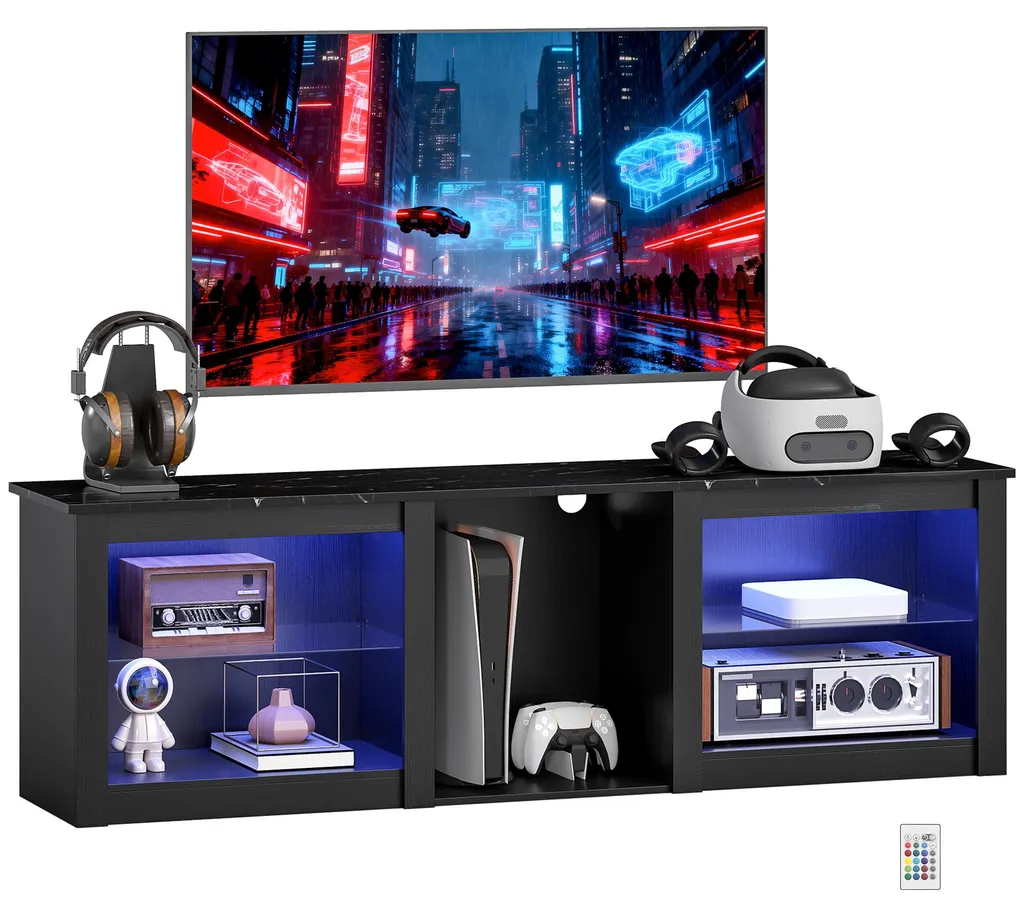 Meuble TV LED 160cm noir pour écran jusqu'à 65 pouces avec verre réglable