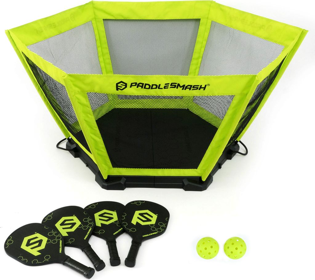A set of pickleball paddles, balls, and a net.