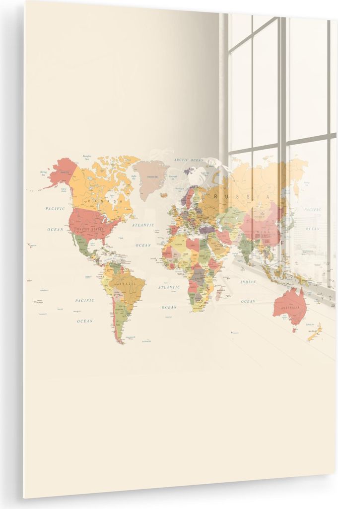 MuchoWow Glasbilder - Bilder auf Wandbild - Foto auf Glas Weltkarte - Realistisch - Beige 60x80 cm Wanddekoration aus Glas - Acrylglasbild - Acrylb...