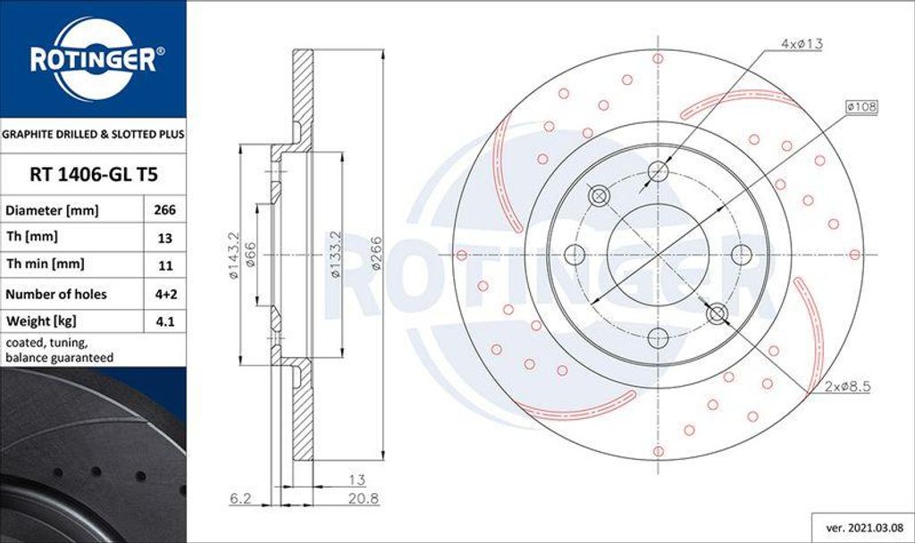 ROTINGER RT 1406-GL T5 Bremsscheibe OE 1608691680 kompatibel mit Partner, 301, C4, C3, C2, C-Elysee, Berlingo