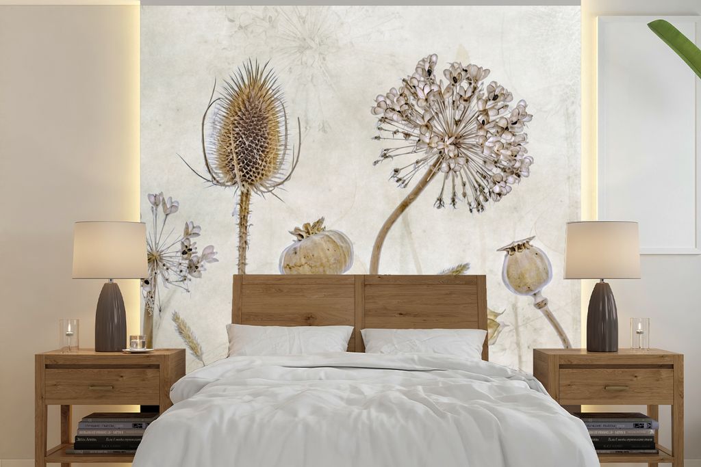 MuchoWow Fototapete für Wohnzimmer oder Schlafzimmer Wandtapete Vinyl Motivtapete Blumen - Aquarell - Stilleben - Braun - Vintage - 220x220 cm -...
