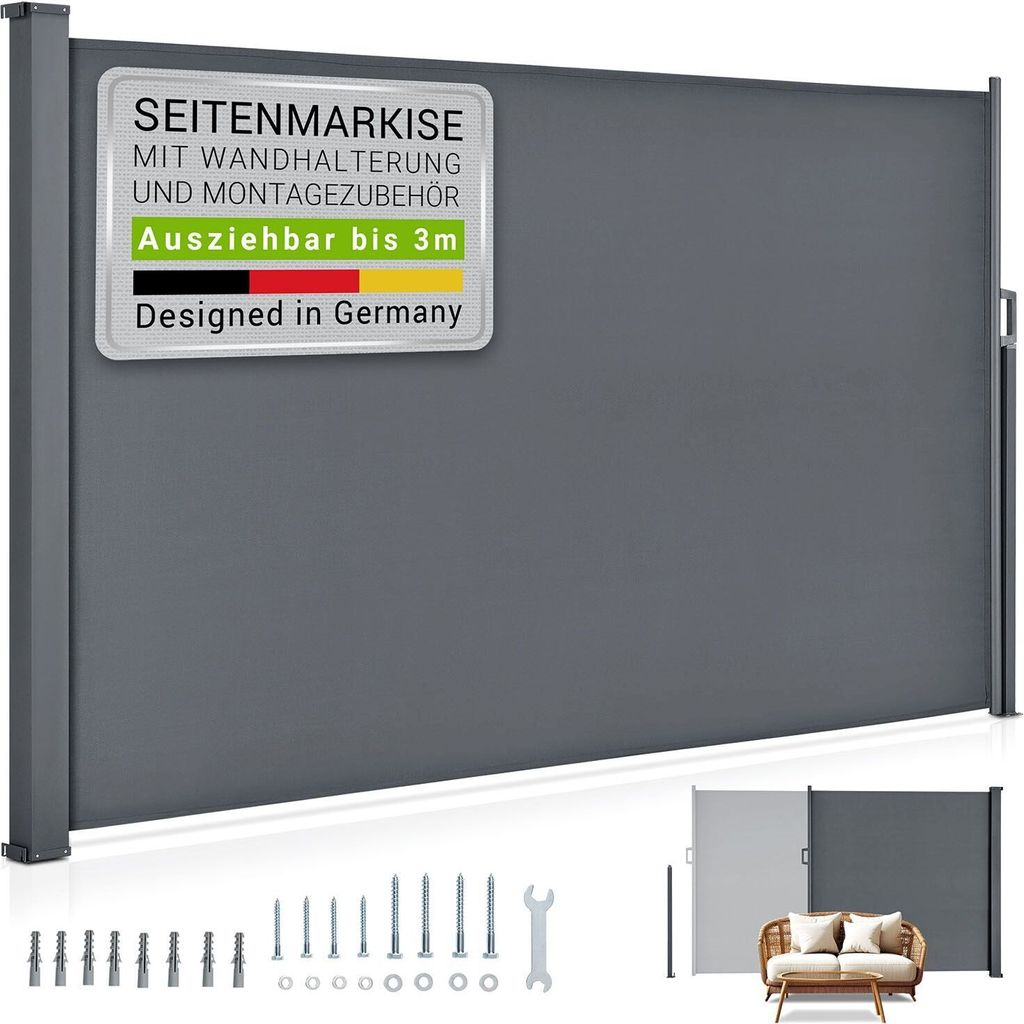 Juskys Seitenmarkise Dubai 300 x 200 cm ausziehbar blickdicht, Sichtschutz für Balkon & Terrasse, Seitenrollo Wandhalterung - anthrazit