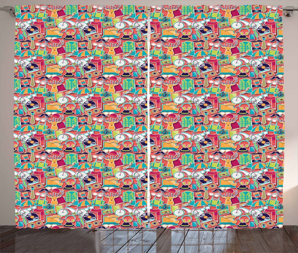 ABAKUHAUS Hipster Rustikaler Vorhang, Funky städtischen Elemente, Wohnzimmer Universalband Gardinen mit Schlaufen und Haken, 280 x 245 cm, Mehrfarbig