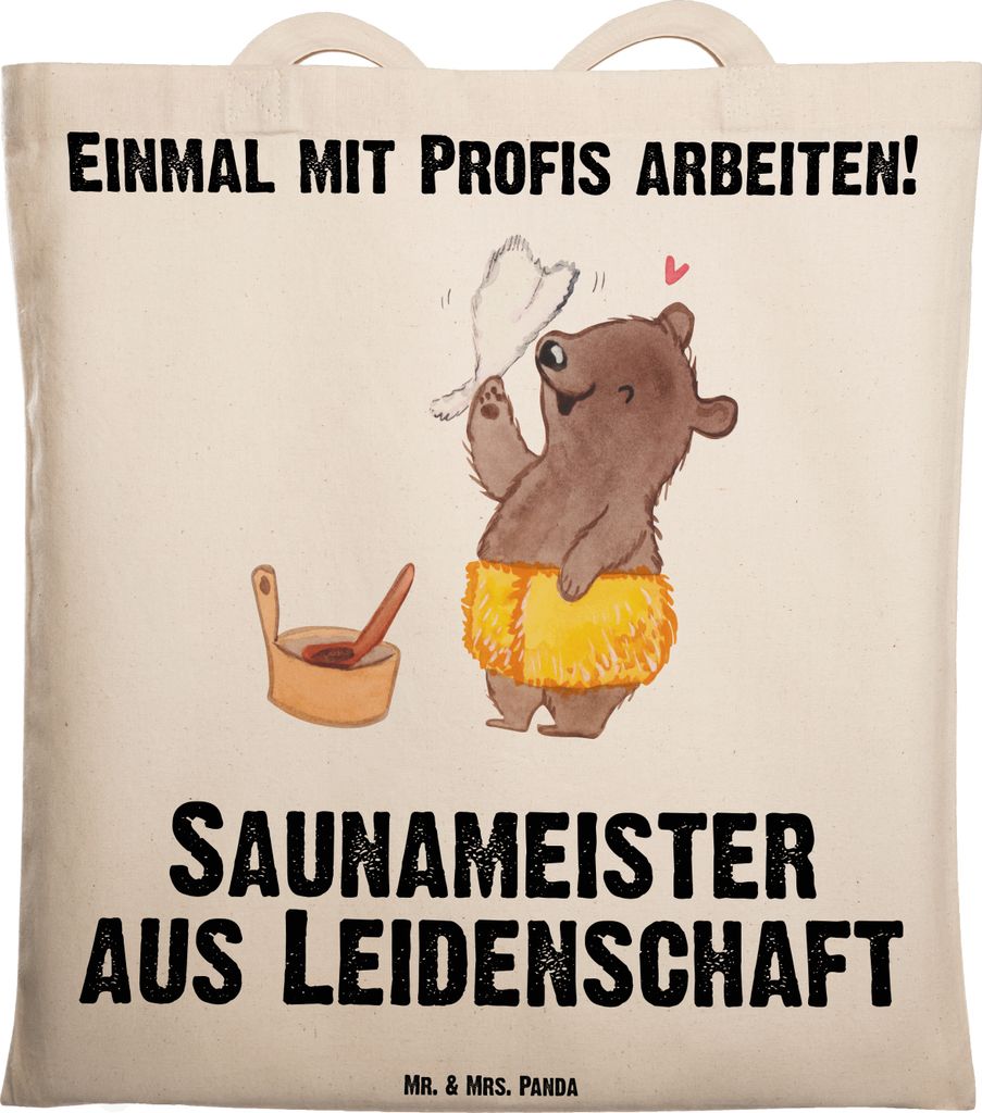 Mr. & Mrs. Panda Jutebeutel Saunameister Leidenschaft - Transparent - Geschenk, Laptoptasche, Tasche, Schultasche, Tote Bag, Uni