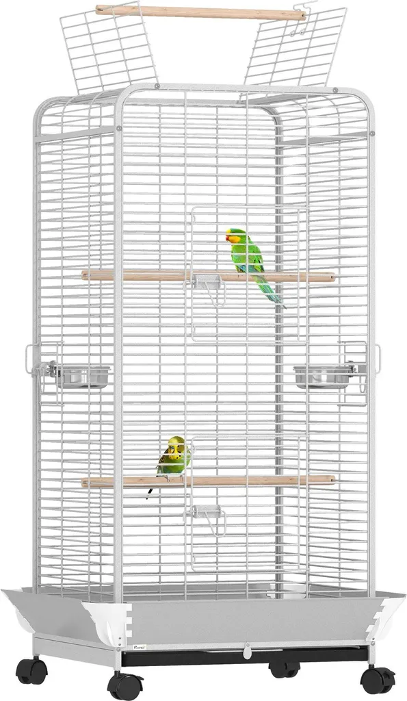 Cage oiseaux avec bac extractible et perchoirs 146 cm de haut en acier gris