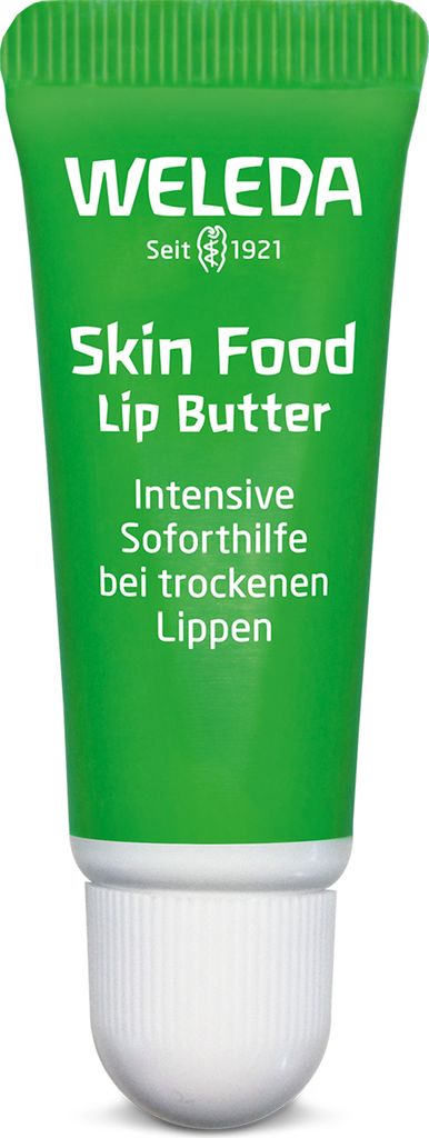 A green tube of Weleda Skin Food Lip Butter with a white cap, presented against a white background.