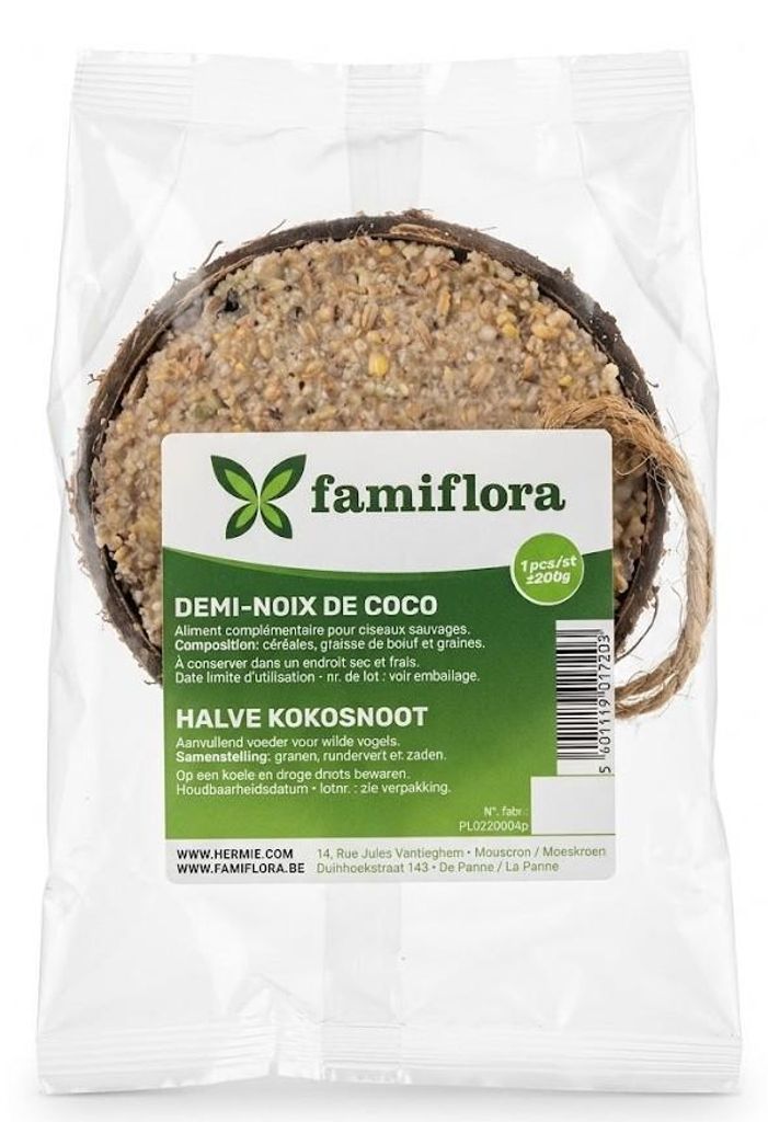 Famiflora Half Coconut Filled - Wild Birds - Fat & Seed Mix - +/- 200g - 100% Natural Container - Gefüllt mit hochwertigem Rinderfett - Leicht auf...
