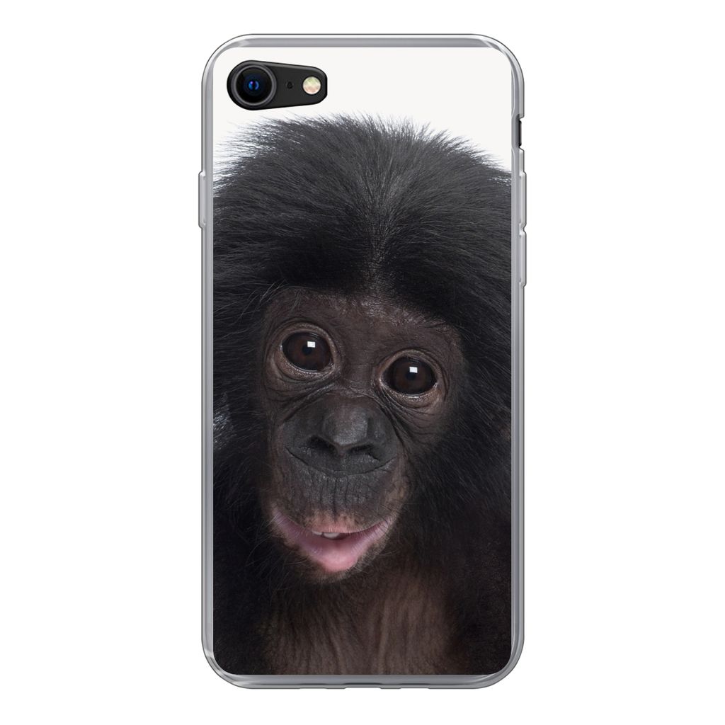 MuchoWow Handyhülle Schutzhülle Hülle für iPhone SE 2022 Affe - Schimpanse - Porträt - Kinder - Jungen - Mädchen Silikon Softcase Handy Hü...