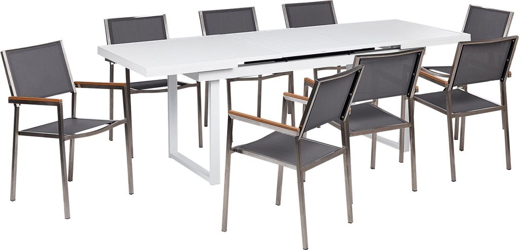 BELIANI Gartenmöbel-Set, weiß/grau Aluminium, Edelstahl, Ausziehbarer Esstisch, 8 Sitzer, Outdoor-Möbel, modern