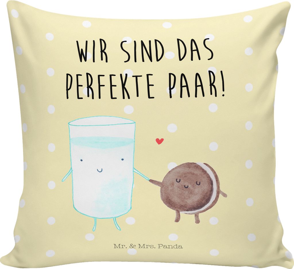 Mr. & Mrs. Panda Zierkissen Milch Keks - Gelb Pastell - Geschenk, Deko Kissen, Polster, Cookie, Lustige Sprüche, 40x40, Kaffee, Dekokissen, Kekse,...