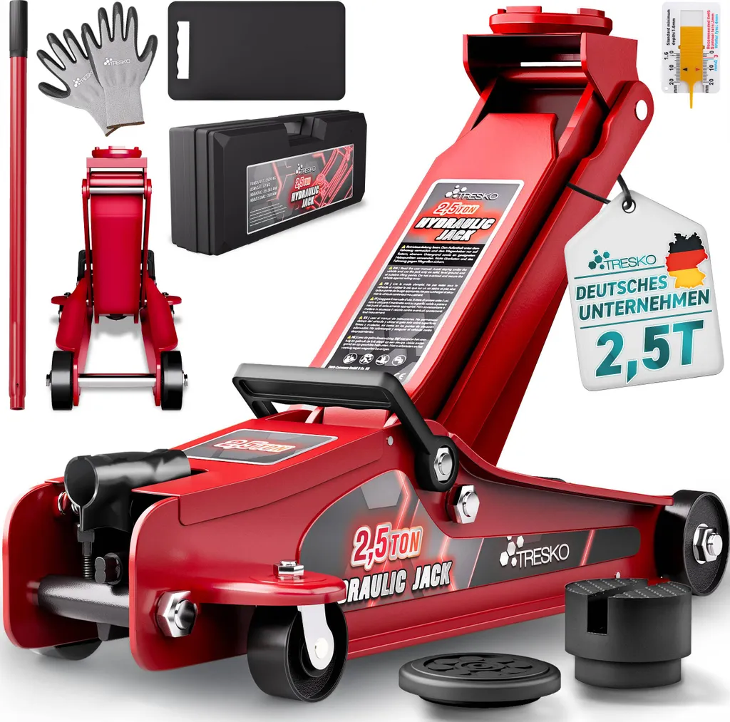 TRESKO® Martinetto idraulico per auto 2,5T altezza di sollevamento 85-385 mm con valigetta di trasporto | Martinetto idraulico per auto piatto per auto ribassate e rulli a 360° incl. tappetino in gomma 2X, tappetino di protezione, guanti, coltello per profili