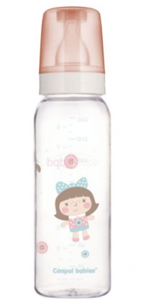 A baby bottle with a pink cap and a cartoon doll illustration on it.