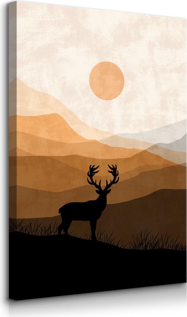 Muralo Leinwandbild Canvas für Esszimmer BERGE Hirsch Sonne Landschaft Boho Stil Br. 40cm x Hö. 60cm