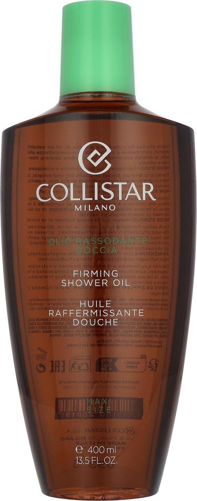 A product shot of a bottle of Collistar firming shower oil.