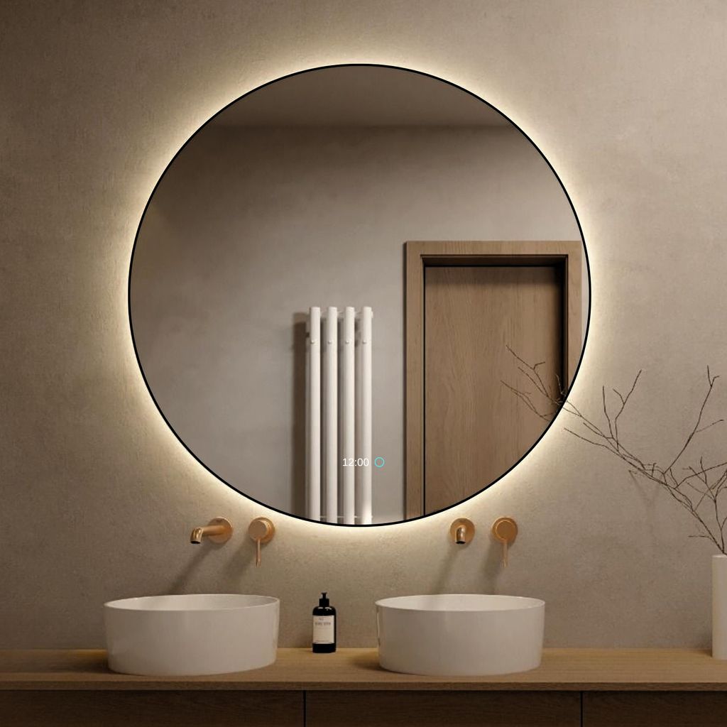 Lumoire Badspiegel mit beleuchtung – 120 cm Rund – Mit Anti-Beschlag & Digitaluhr – Matt Schwarz