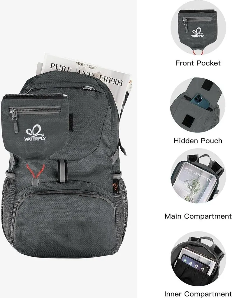 Sac à dos ultraléger 20L pliable en nylon gris résistant à l'eau