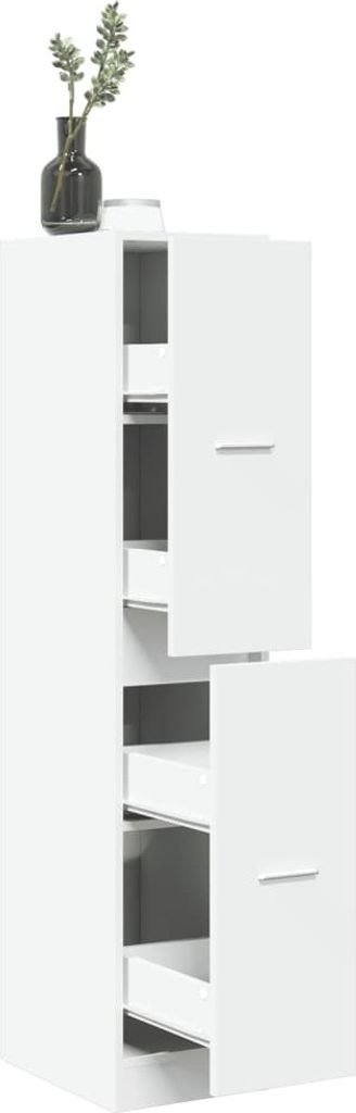 A white tall cabinet with drawers and doors, with a vase of greenery on top.