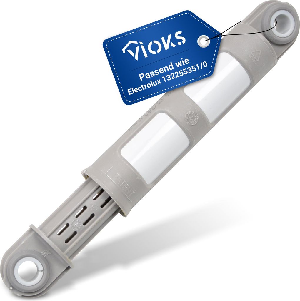A washing machine shock absorber with a product tag.