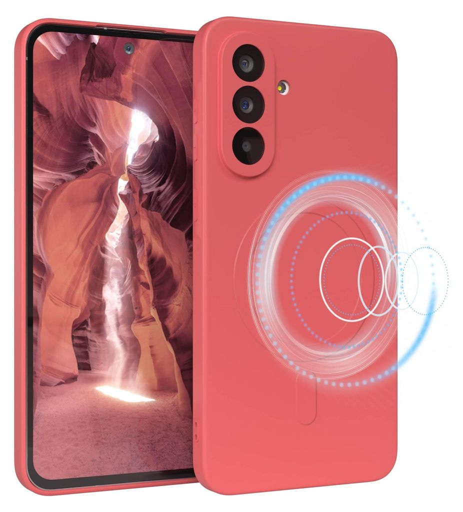 A red smartphone case with a magnetic charging ring is shown next to a smartphone displaying a canyon landscape.