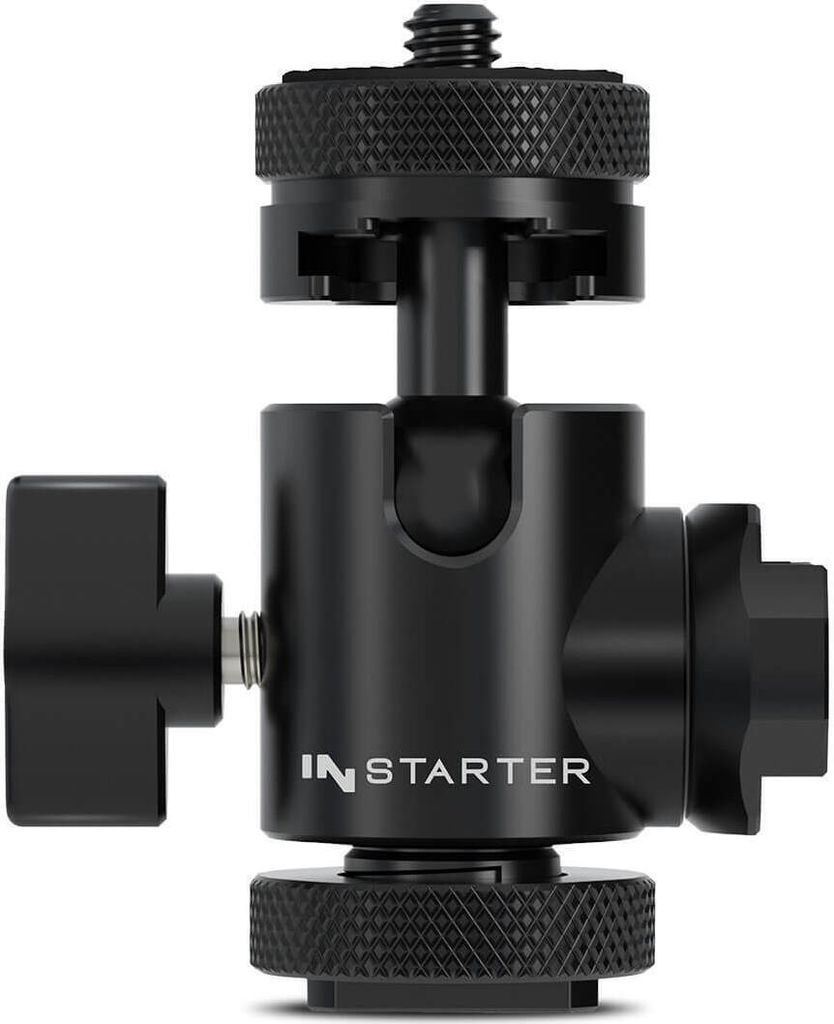 Instarter FlexMount Head Plus Kugelkopf 3-in-1 mit 2x Blitzschuh, Stativkopf für 1/4" und 3/8" Anschluss, 180° schwenkbar zur Winkelanpassung, ho...