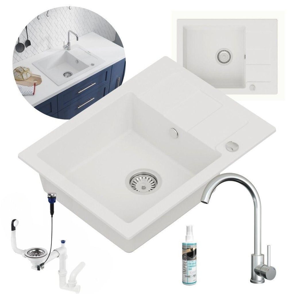 GranMaster Granitspüle Weiß Set mit Stahlbatterie mit U-förmigem Auslauf, Professionelles Imprägniermittel und Platzsparender Siphon mit Überlauf