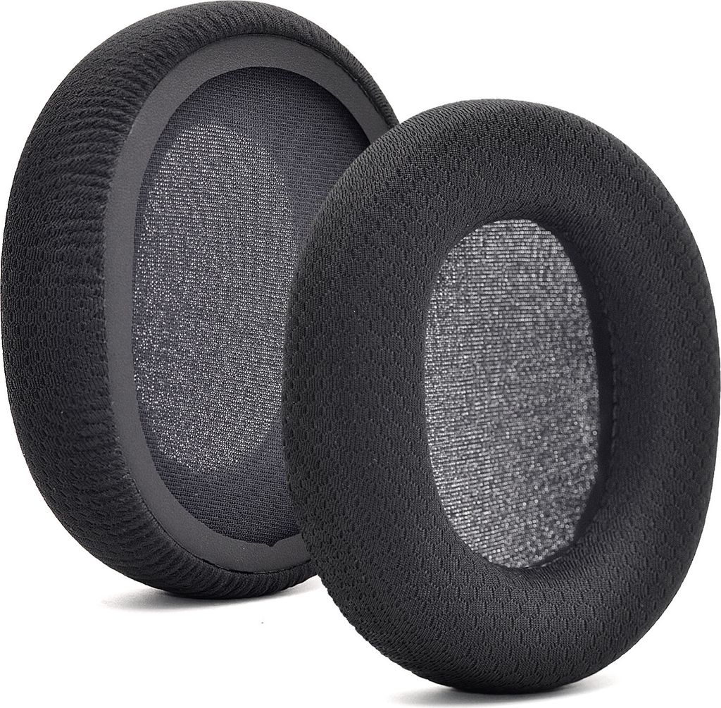 Two black ear pads for headphones are shown against a white background.