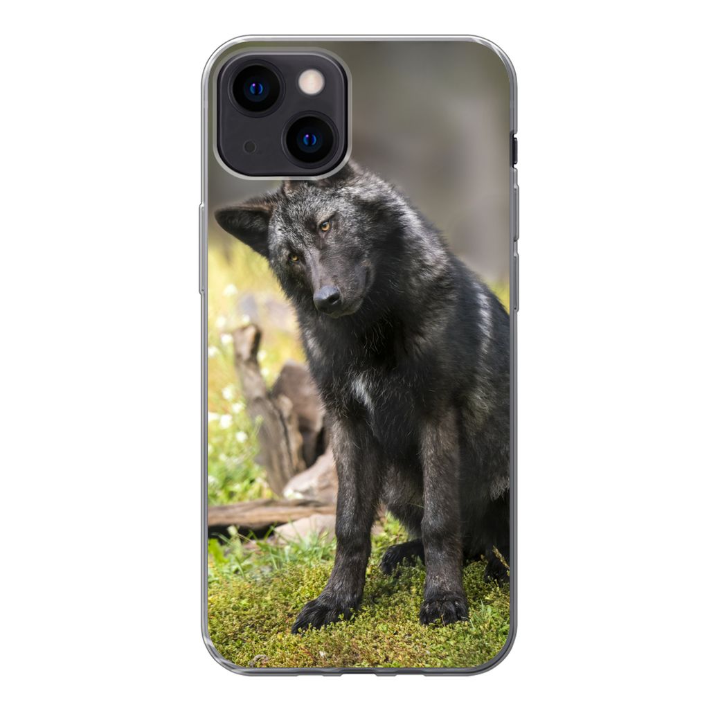 MuchoWow Handyhülle Schutzhülle Hülle für iPhone 13 Wolf - Schwarz - Gras Silikon Softcase Handy Hülle - Karteninhaber