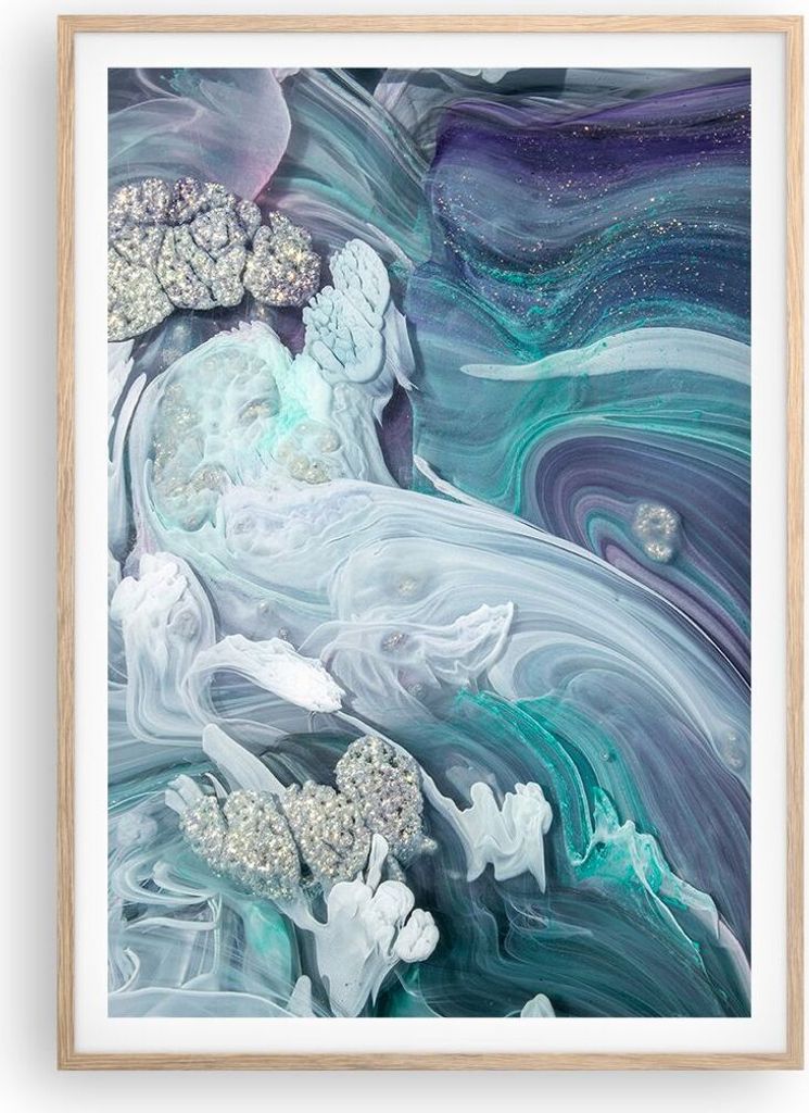 Gerahmtes Poster - Rahmen in heller Eiche - Abstraktion dreidimensional blau - 70x100 cm - Wand Bild - Wanddeko - Wandbilder - Kunstposter - Wandpo...