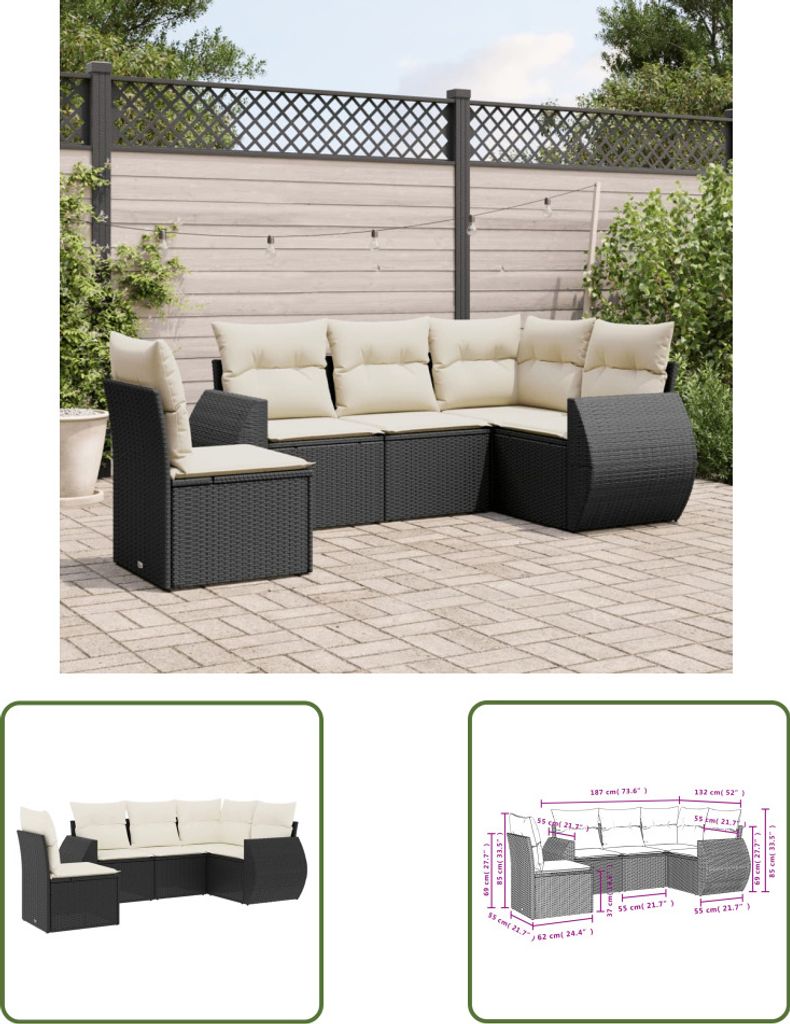 The Living Store 5-tlg. Garten-Sofagarnitur mit Kissen Schwarz Poly Rattan