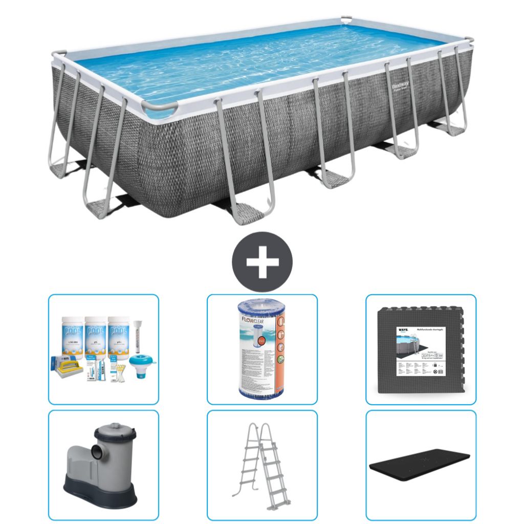 Bestway rechteckiges Power Steel-Schwimmbecken – Rattan-Druck – 549 x 274 x 122 – inklusive Pumpe – Leiter – Abdeckung Wartungspaket - Fi...
