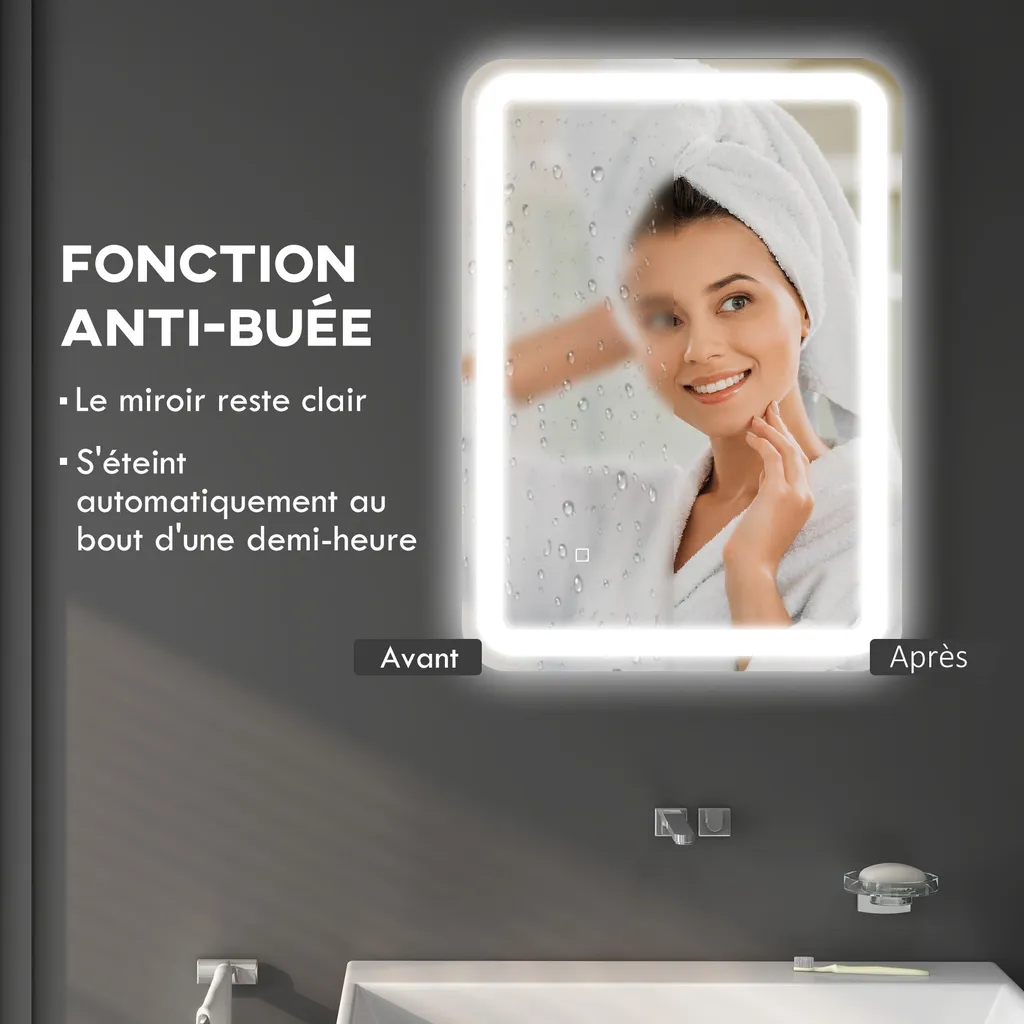 Miroir LED Anti-buée Argent 70x50 cm avec Luminosité Programmable - 8
