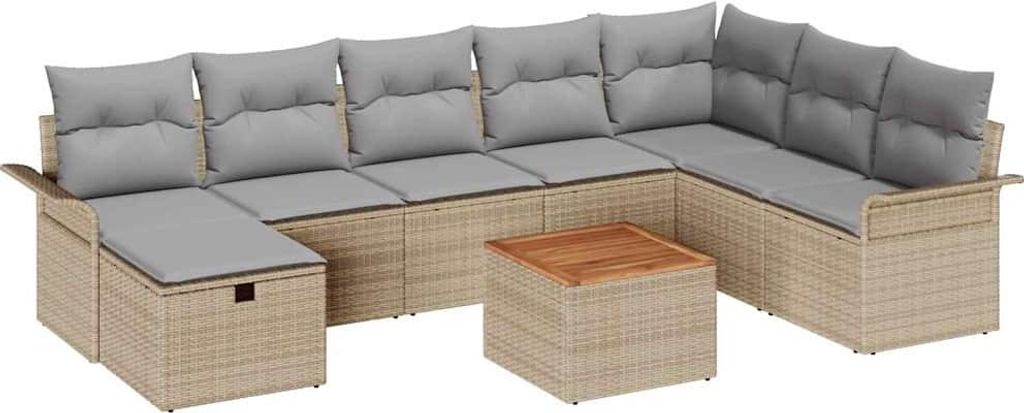 Gartensofa-set mit Kissen mit Speicher 9 pcs Beige Poly Rattan