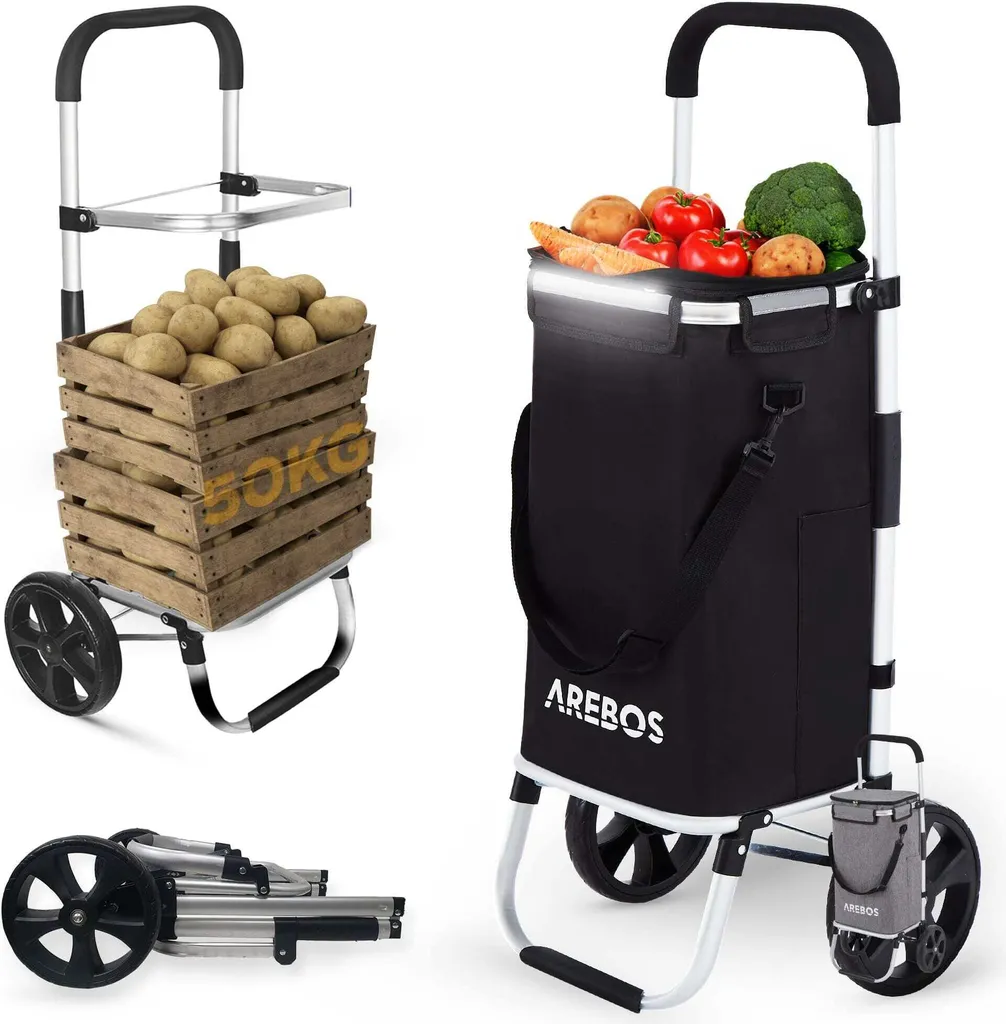 AREBOS Chariot à provisions 3en1 Noir 56L Pliable avec Sac Isotherme