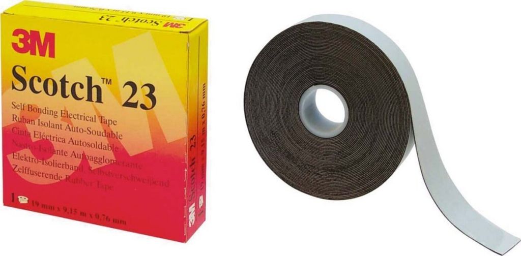 A box of 3M Scotch 23 self-bonding electrical tape and a roll of the tape.